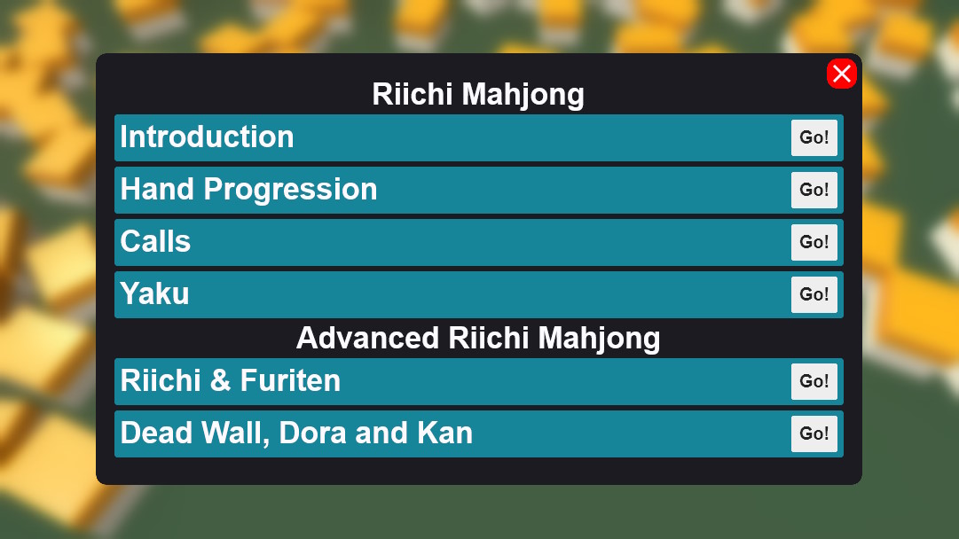 The tutorial menu in game, showing the order of items